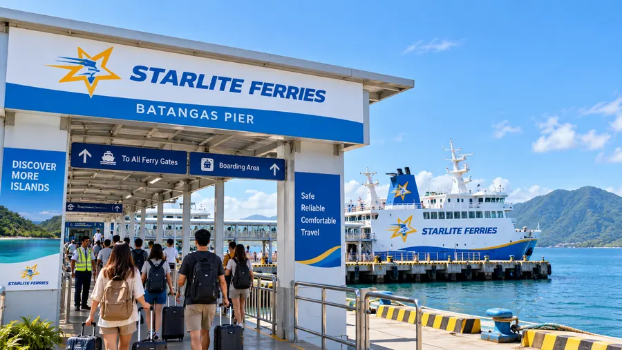 Starlite Ferries gates at Batangas Pier, passengers walking toward the boarding area with a vessel alongside