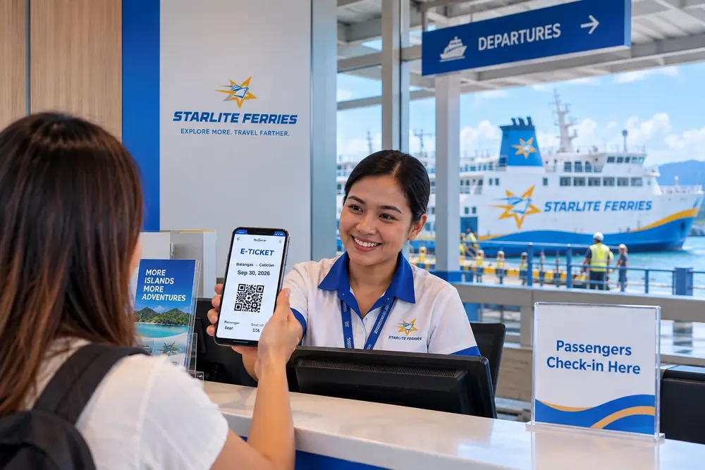 Passenger showing a Batangas to Caticlan e-ticket on her phone at a Starlite Ferries check-in counter, with a vessel alongside the pier behind